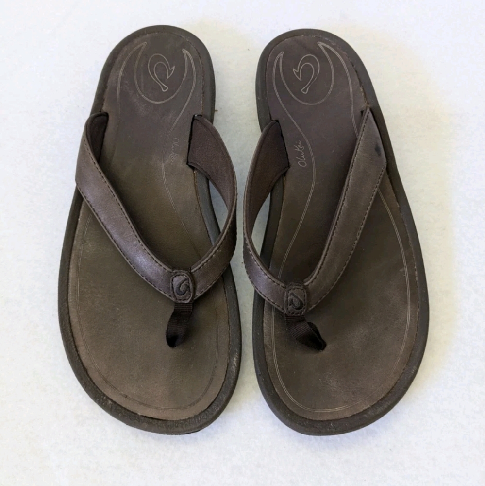 OluKai Brown Leather Flip Flop Sandals